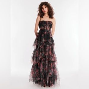 BCBG Oly Tiered Ruffle Tulle Evening Gown
